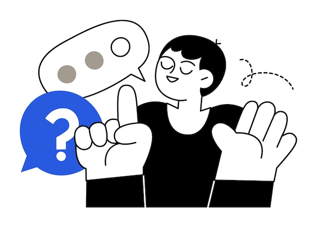 Persoon die gebaren maakt met vraag- en spraakbubbels