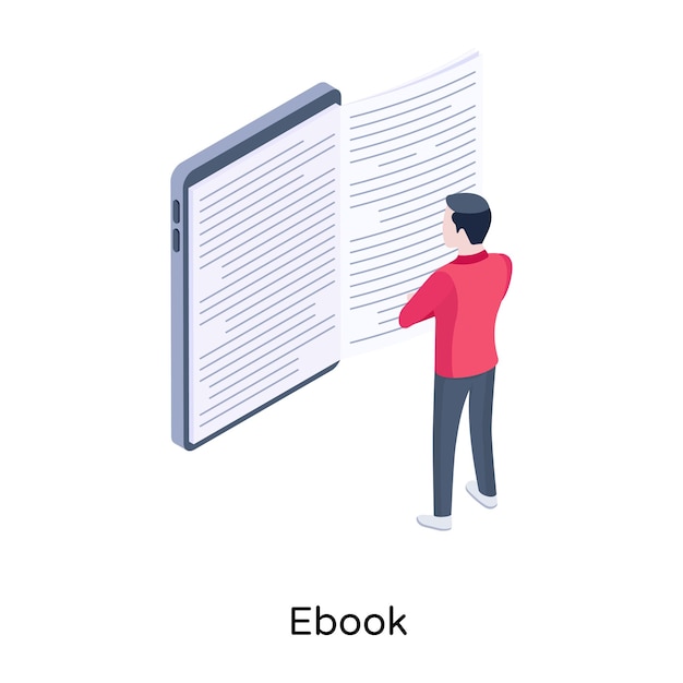Persoon die online een isometrisch pictogram van ebook leest