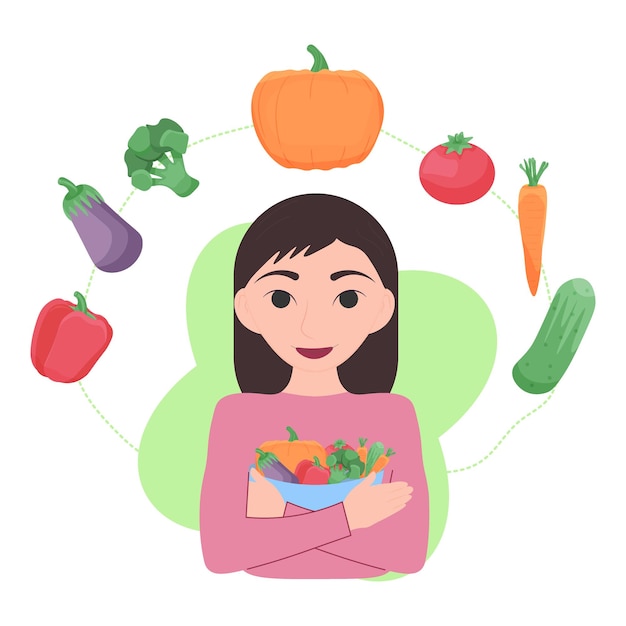 persoon eet verse groenten fruit veganistisch voedsel Platte vector illustratie gezond vegetarisch dieet