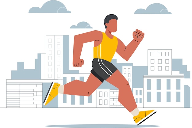 Persoon in sportieve kleding loopt energiek door het stadsbeeld