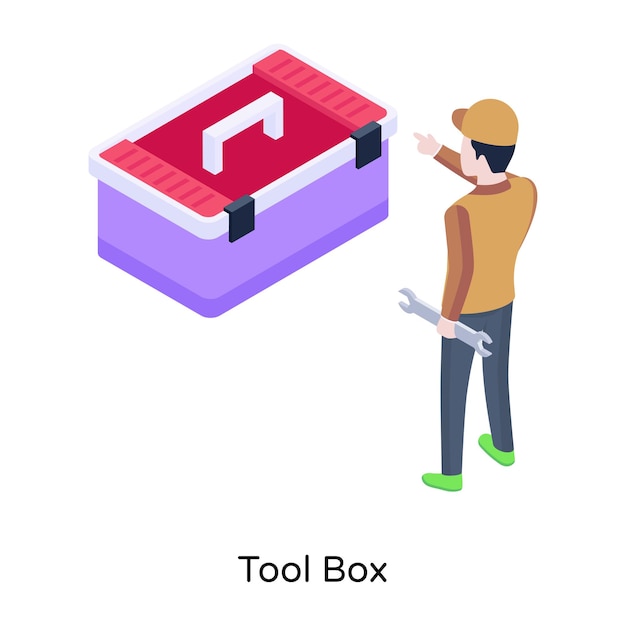 Persoon met moersleutel en gereedschapskist isometrisch pictogram
