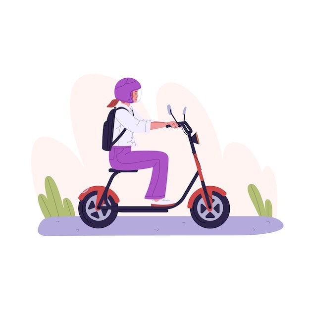 Persoon rijden elektrische scooter vrouw rijden eco bromfiets Rider in helm zitten op fietsstoeltje Student met rugzak reizen door modern vervoer platte vectorillustratie geïsoleerd op witte achtergrond