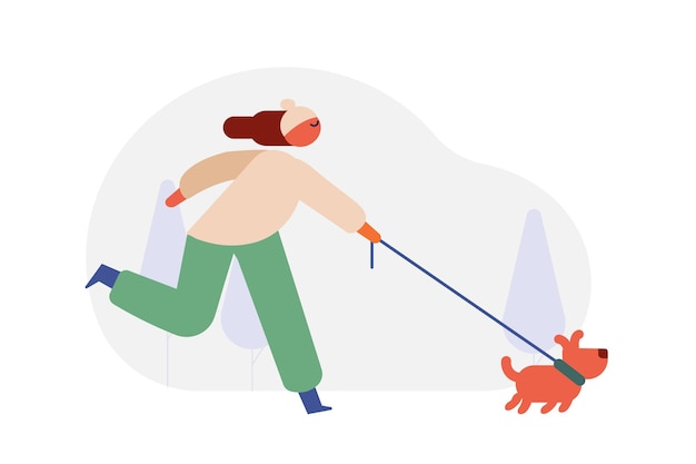 Persoon wandelen met hond platte vector illustratie set