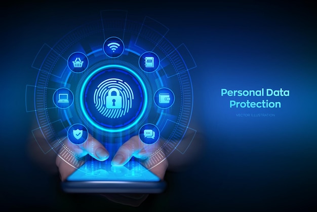 Persoonlijk gegevensbeschermingsconcept Cybersecurity Vingerafdruk met hangsloticon Smartphone in de hand