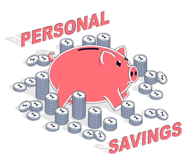 Persoonlijke besparingen concept, Piggy Bank met cent munten stapels geïsoleerd op een witte achtergrond. Isometrische vectorillustratie voor zaken en financiën, 3d dun lijnontwerp.