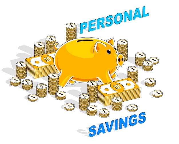 Persoonlijke besparingen concept, Piggy Bank met dollar stapels en cent munten stapels geïsoleerd op een witte achtergrond. Isometrische vectorillustratie voor zaken en financiën, 3d dun lijnontwerp.