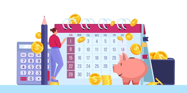 Vector persoonlijke budgetplanning of maandelijks belastingrapportconcept met geldmunten, dollars, kalender, spaarvarken.