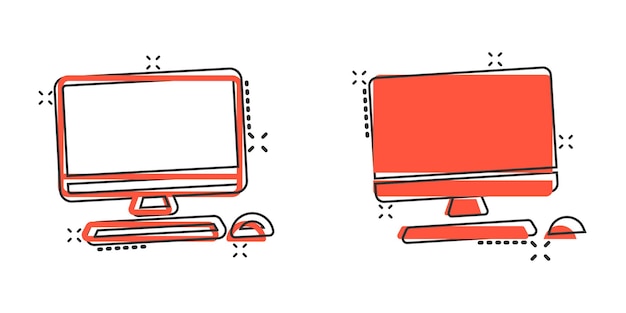 Persoonlijke computer in stripstijl Desktop pc cartoon vector illustratie op geïsoleerde achtergrond Monitor display splash effect teken bedrijfsconcept