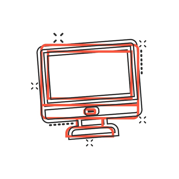 Persoonlijke computer in stripstijl Desktop pc cartoon vector illustratie op geïsoleerde achtergrond Monitor display splash effect teken bedrijfsconcept