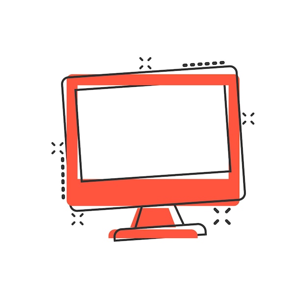 Persoonlijke computer in stripstijl Desktop pc cartoon vector illustratie op geïsoleerde achtergrond Monitor display splash effect teken bedrijfsconcept