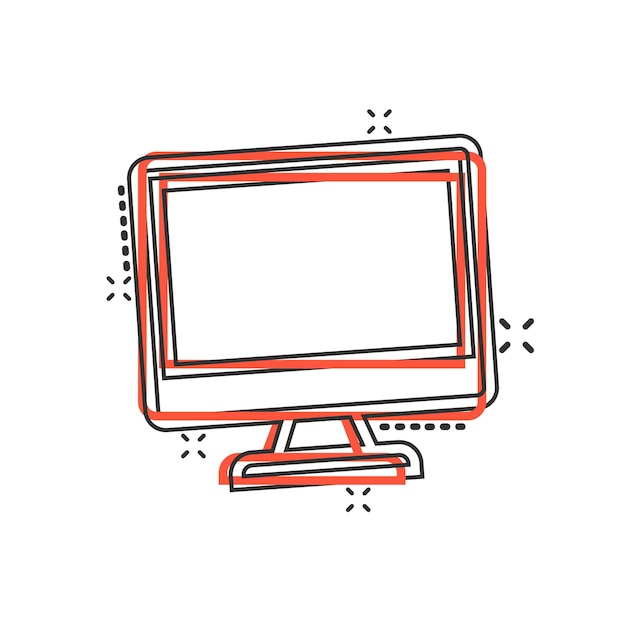 Persoonlijke computer in stripstijl Desktop pc cartoon vector illustratie op geïsoleerde achtergrond Monitor display splash effect teken bedrijfsconcept