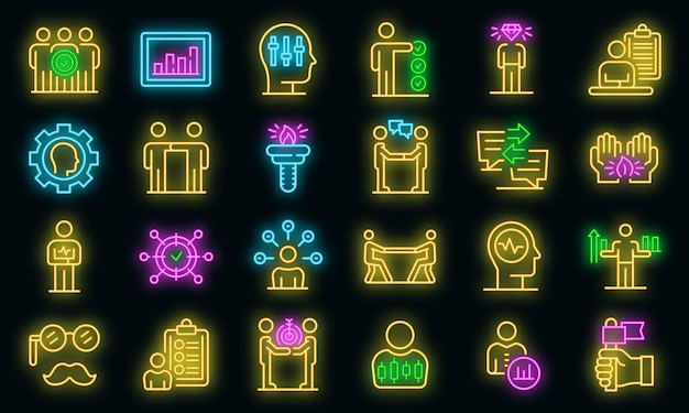 Persoonlijke eigenschappen pictogrammen instellen. overzicht set van persoonlijke eigenschappen vector iconen neon kleur op zwart