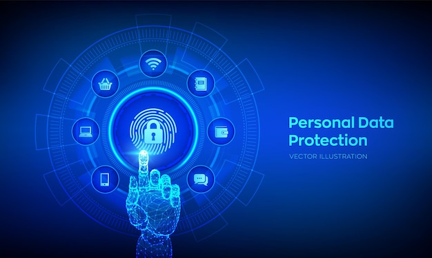 Persoonlijke gegevensbescherming bedrijfsconcept op virtueel scherm. Cyberbeveiliging. Vingerafdruk met hangslotpictogram. Privé veilig en veilig. Robotachtige hand wat betreft digitale interface. Vector illustratie.