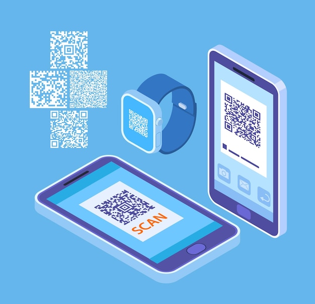 Persoonlijke QR-code Codes op smartphone en smartwatch Isometrische zelf digitale identificatiegadgets Verschillende barcodes mobiele telefoon en horlogevectorset