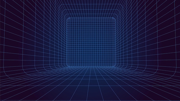 Perspectief blauw raster op een donkere achtergrond Futuristische vectorillustratie Virtual reality framework Achtergrond in de stijl van de jaren 80