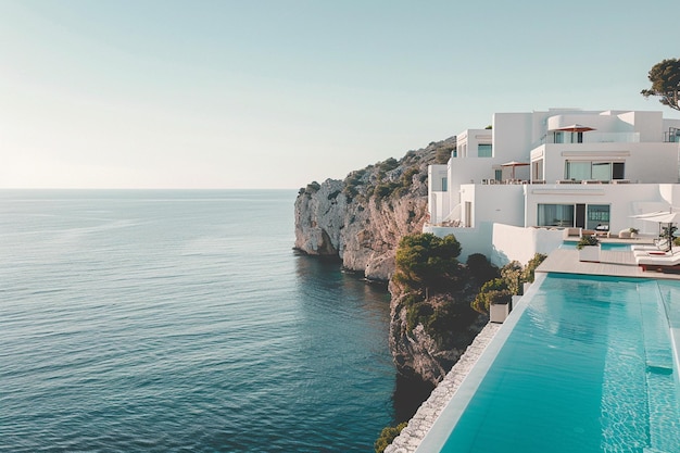 Perspectief van een modern huis met zwembad op zee achtergrond Exterior 3d rendering