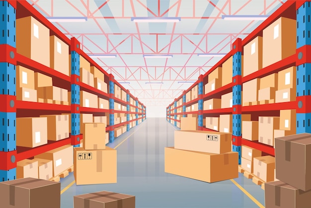 Perspectief van magazijn met kartonnen dozen op rekken Interieur van opslagruimte in fabriek