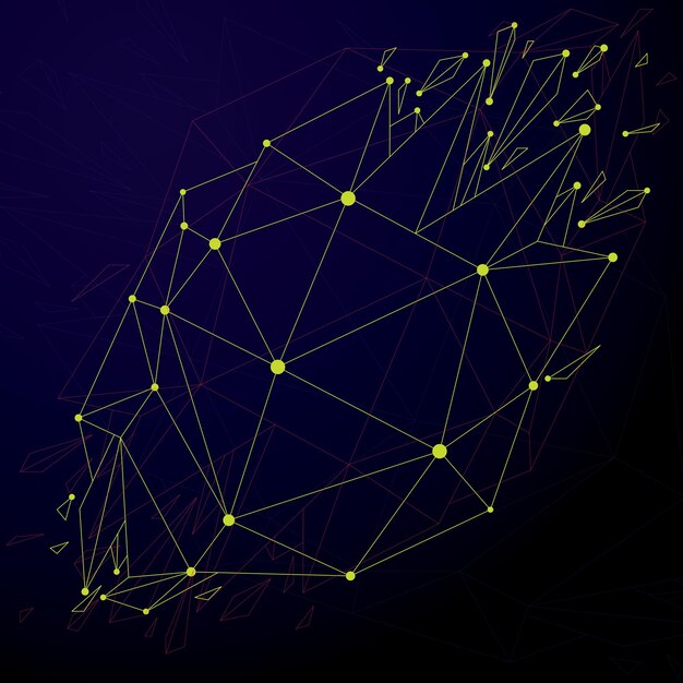 Perspectieftechnologie gesloopt vorm met lijnen en punten verbonden, communicatietechnologie veelhoekig draadframe-object. Explosie-effect, abstract gefacetteerd element gekraakt in fragmenten.