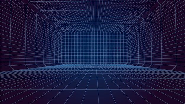 Perspective blue grid on a dark background Futuristic vector illustration Virtual reality framework Background in the style of the 80s