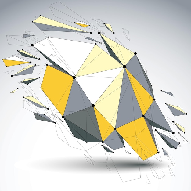 Perspective demolished shape, lines and dots connected, yellow polygonal digital wireframe object. Explosion effect, faceted element cracked into multiple fragments. Communication technology.