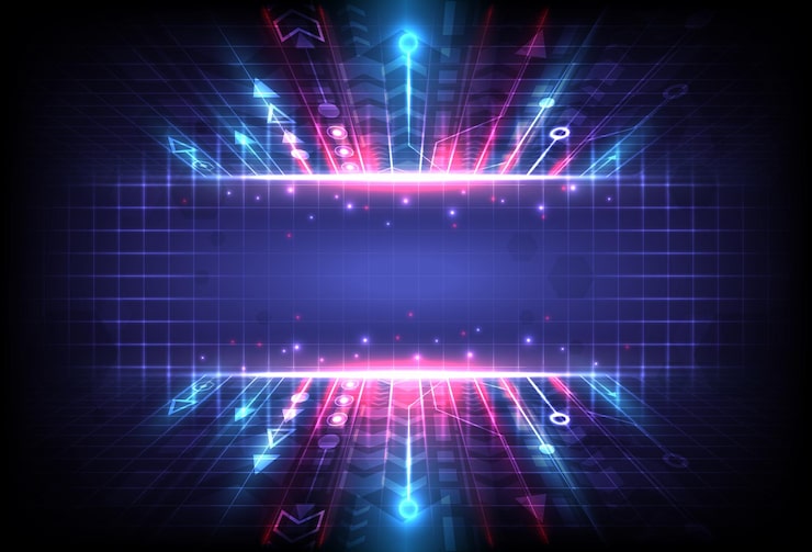 Vector 원근 빛나는 속도 화살표 추상 기술 배경 인터넷 동기 부여 및 혁신의 통신 연결 데이터 컴퓨터의 회로 라인 랜딩 페이지 그리드 및 알고리즘