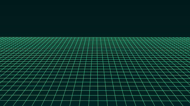 Perspective green grid on a dark background Futuristic vector illustration Background in the style of the 80s