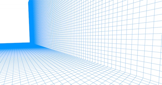 Perspective grid floor tile. detailed blue lines on white background.