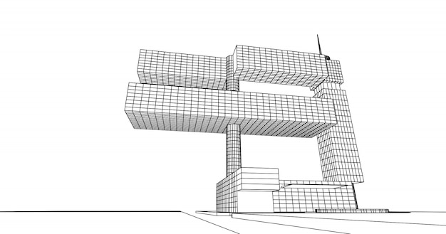 Perspective outline architecture building 3d illustration, modern urban architecture abstract design