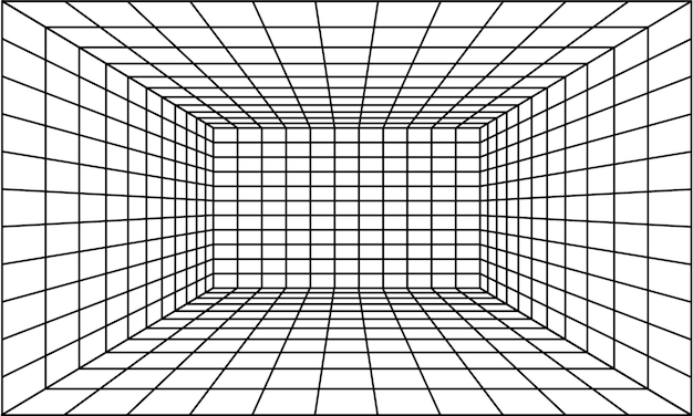 ブラック グリッド 3d リニア フロアと空の内部ディメンションを備えたパースペクティブ ルーム バーチャル スタジオ