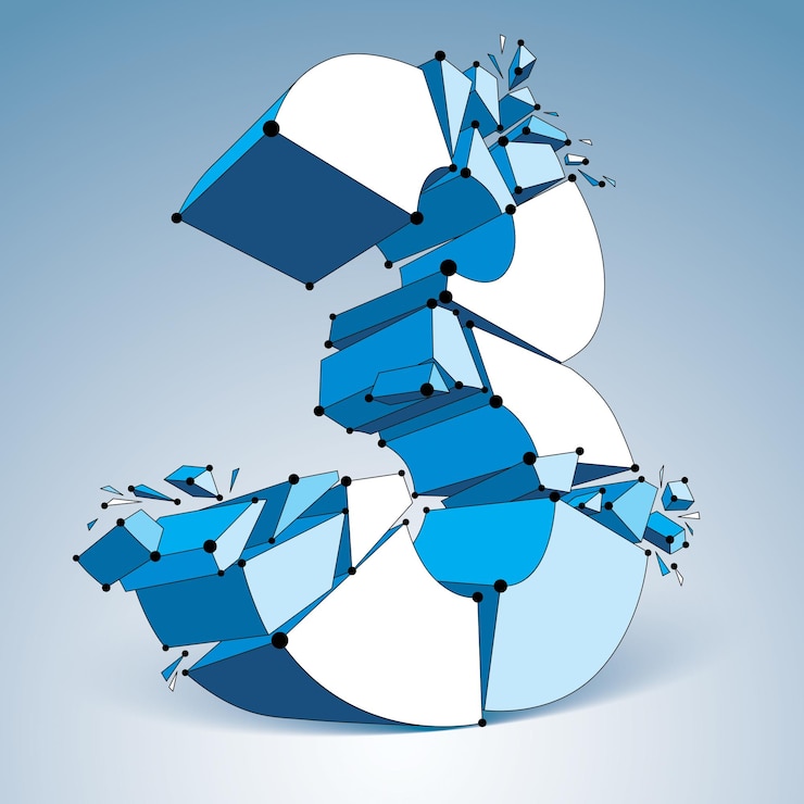 Vector perspective technology demolished blue number 3 with black lines and dots connected, polygonal wireframe font. explosion effect, abstract faceted element cracked into multiple fragments.