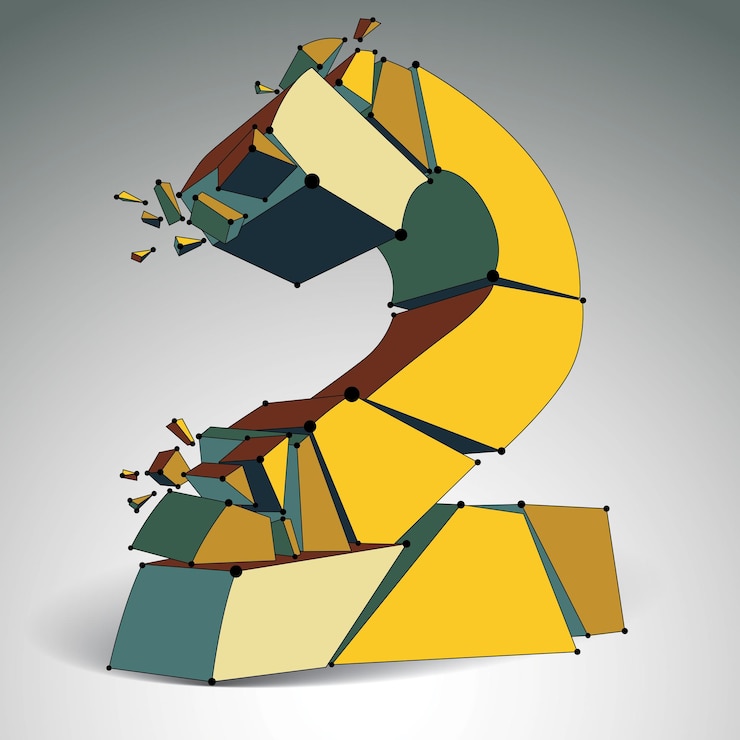 Vector perspective technology demolished number 2 with black lines and dots connected, polygonal wireframe font. explosion effect, abstract colorful faceted element cracked into multiple fragments.