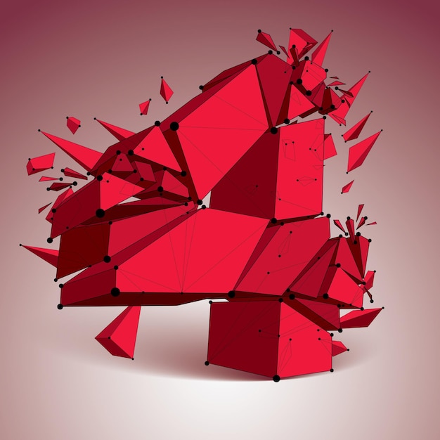 Perspective technology demolished red number 4 with black lines and dots connected, polygonal wireframe font. explosion effect, abstract faceted element cracked into multiple fragments.