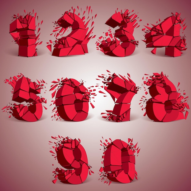 Perspective technology demolished red numbers with black lines and dots connected, polygonal wireframe font. explosion effect, set of abstract faceted math elements cracked into multiple fragments.