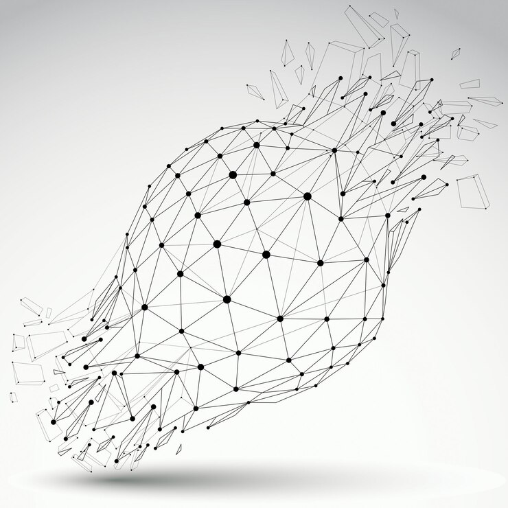 Vector perspective technology demolished shape with black lines and dots connected, polygonal grayscale wireframe object. explosion effect, abstract faceted element cracked into multiple fragments.
