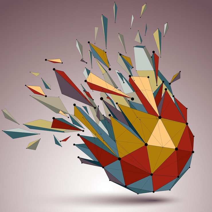Vector perspective technology demolished shape with lines and dots connected, bright polygonal wireframe object. explosion effect, abstract faceted element cracked into multiple fragments.