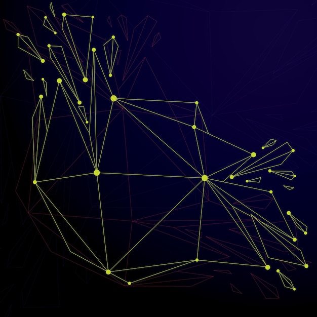 perspective technology demolished shape with lines and dots connected, communication technology polygonal wireframe object. explosion effect, abstract faceted element cracked into fragments.