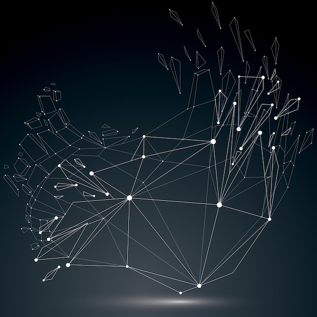 Forma demolita con tecnologia prospettica con linee e punti bianchi collegati luminescenti, oggetto wireframe poligonale. effetto esplosione, elemento astratto sfaccettato incrinato in più frammenti.