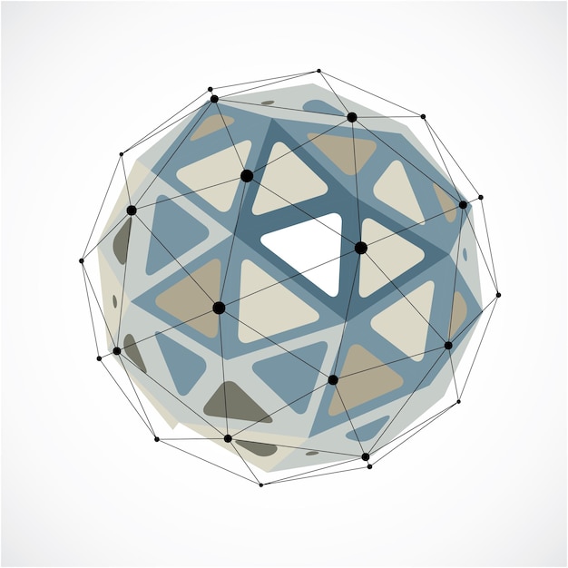 Perspective technology shape with black lines and dots connected, polygonal wireframe object. Abstract gray faceted element for use as design structure on communication technology theme