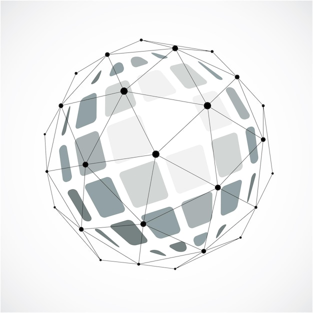 Perspective technology shape with black lines and dots connected, polygonal wireframe object. abstract gray faceted element for use as design structure on communication technology theme