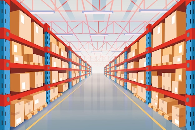 Vettore vista prospettica del magazzino con scatole di cartone su scaffalature interno del ripostiglio