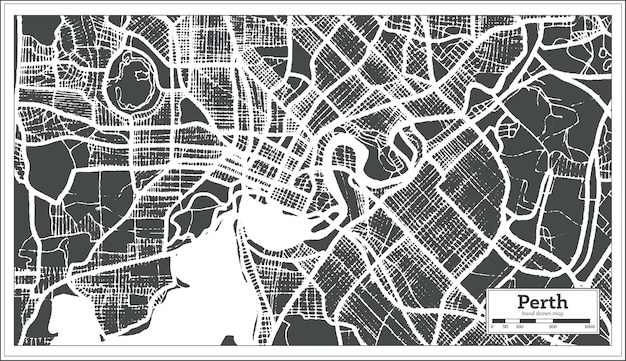 レトロなスタイルのパースオーストラリアシティマップ。白地図。ベクトルイラスト。