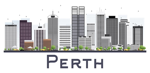 Perth australia dello skyline della città con edifici grigi isolati su sfondo bianco. illustrazione di vettore. viaggi d'affari e concetto di turismo con architettura moderna. paesaggio urbano di perth con punti di riferimento.