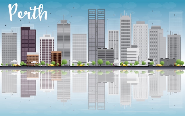 Perth skyline met grijze gebouwen, blauwe lucht en reflectie