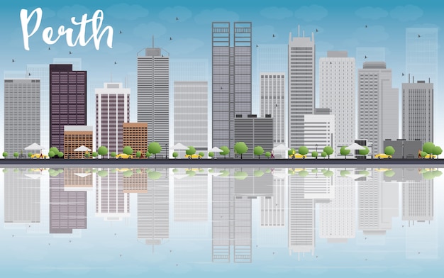 Perth skyline with grey buildings, blue sky and reflection