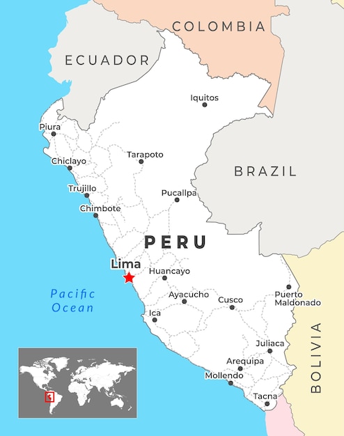 Vector peru 3d map with borders of regions and its capital