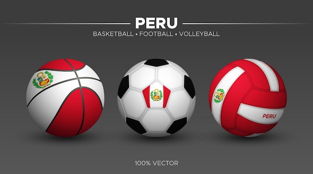 Peru flag basketball football volleyball balls mockup 3d vector sport illustration isolated