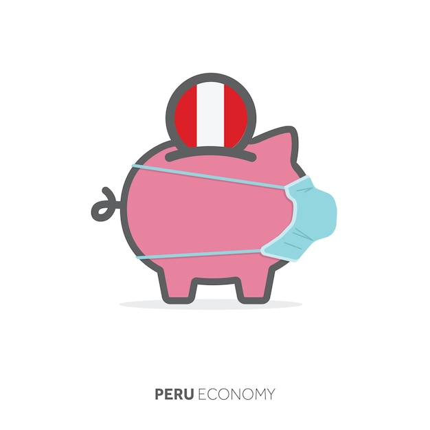 Peru healthcare savings piggy bank with medical face mask