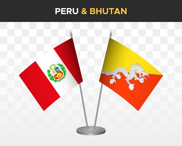 Peru vs bhutan desk flags mockup isolated 3d vector illustration table flag