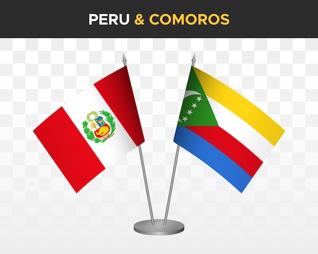 Peru vs Comoros desk flags mockup isolated 3d vector illustration table flag