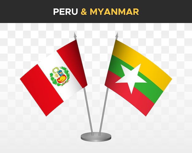 Peru vs Myanmar Birma Bureau vlaggen mockup geïsoleerde 3d vector illustratie tabel vlag